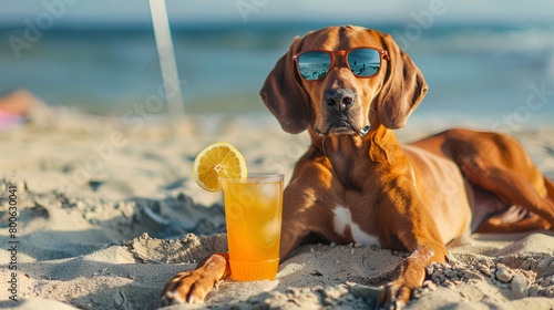 Redbone Coonhound Dog Laying on the Beach, Wearing Sunglasses, and Relishing the Summer Vacation Atmosphere photo