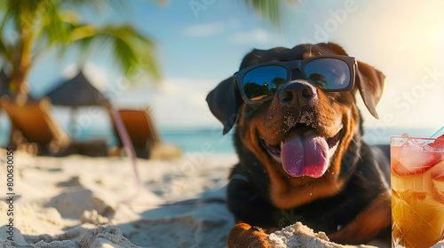 Rottweiler Dog on a Summertime Retreat, Laying on the Beach Sand Wearing Sunglasses