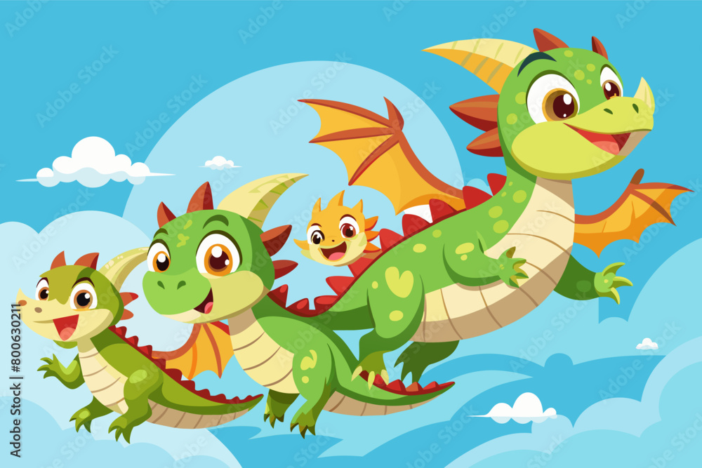 Visualize a group of dragon hatchlings forming a conga line as they soar through the sky, their joy infectious to all who see them Visualize a group of dragon hatchlings forming a conga line as they soar through the sky, their joy infectious to all who see them