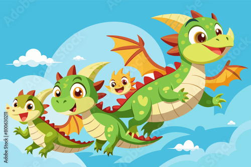 Visualize a group of dragon hatchlings forming a conga line as they soar through the sky  their joy infectious to all who see them