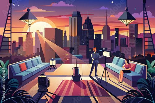 Visualize a glamorous rooftop photo shoot at sunset, with city lights and skyline views adding a touch of urban sophistication to your prewedding album photo