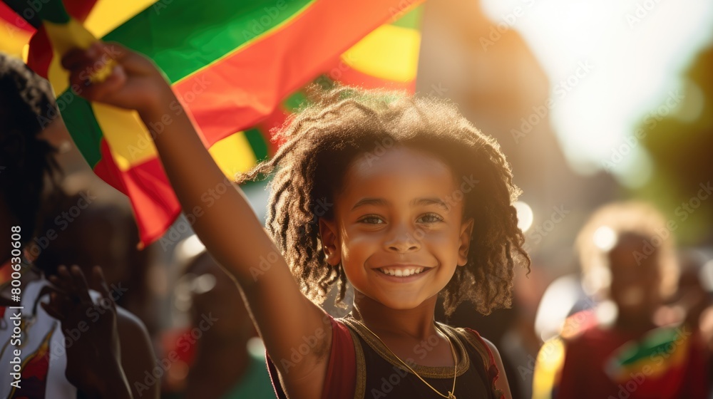 Happy African American Children holding red, green and yellow flag symbolizing Juneteenth Freedom and African liberation day. Black life matters. Black history month. Happy African American Children holding red, green and yellow flag symbolizing Juneteenth Freedom and African liberation day. Black life matters. Black history month.