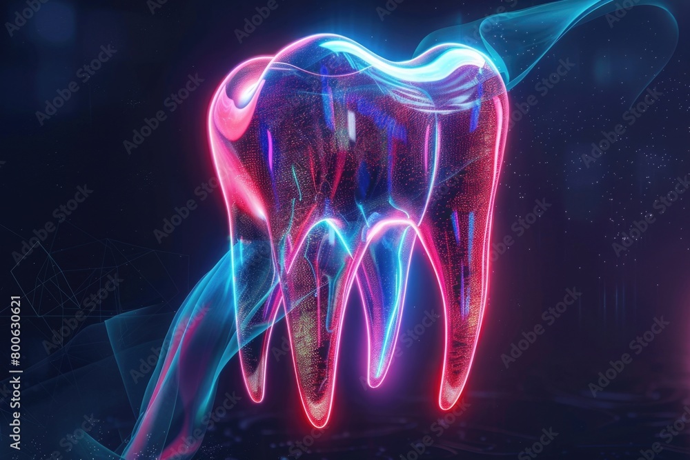 A tooth illuminated by neon lights, perfect for dental or nightlife themes A tooth illuminated by neon lights, perfect for dental or nightlife themes