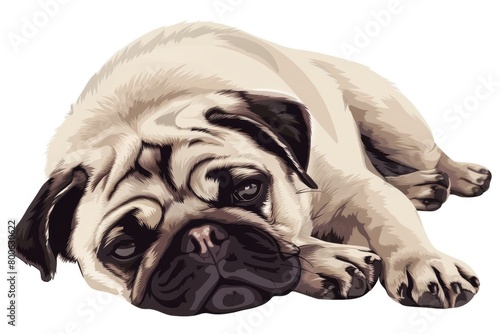 A pug dog laying down with a ball in its mouth. Suitable for pet lovers and animal care concepts