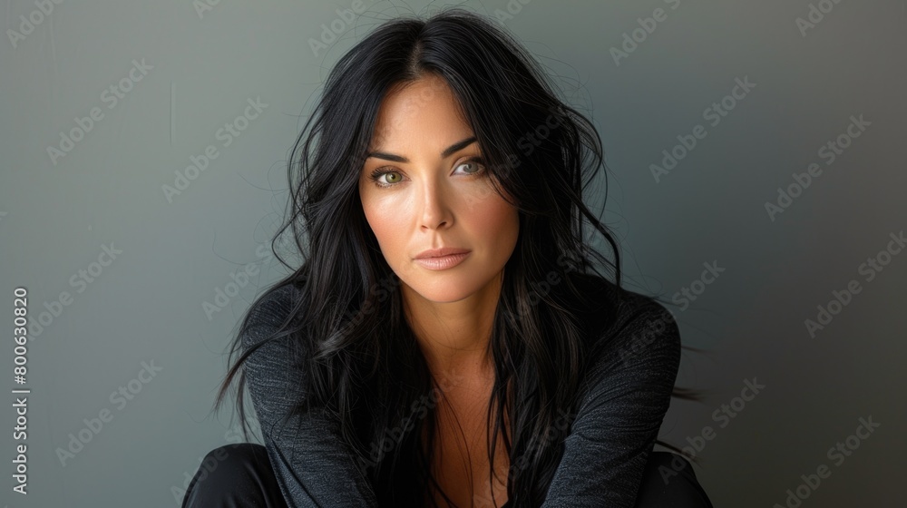 woman with long black hair strikes a pose as she poses for a photograph. woman with long black hair strikes a pose as she poses for a photograph.