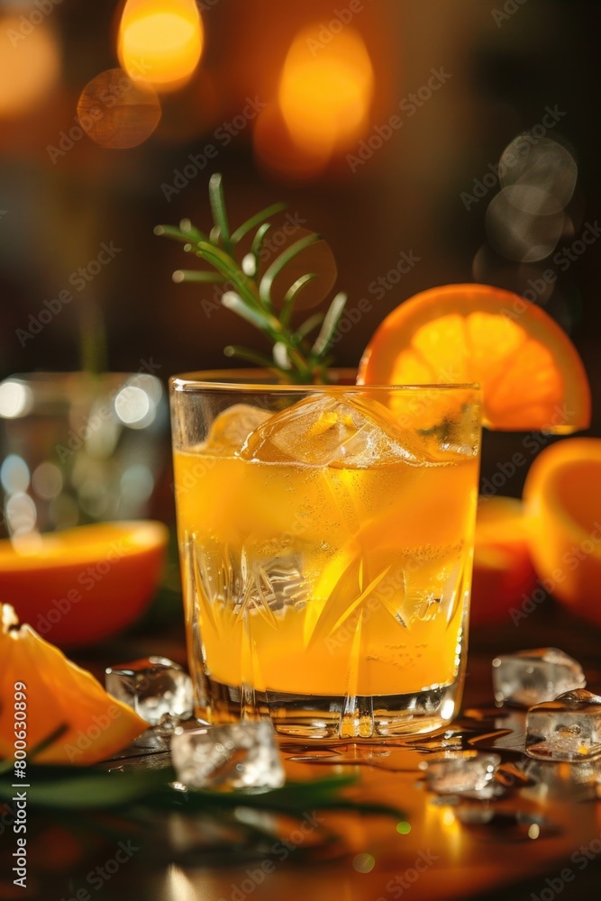 A glass of orange juice with ice and a sprig of rosemary. Perfect for summer drink concepts A glass of orange juice with ice and a sprig of rosemary. Perfect for summer drink concepts