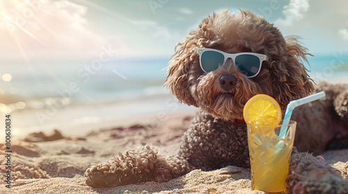 Spanish Water Dog on Summer Vacation, Laying on the Beach at Sunset with Sunglasses, Embracing the Summertime Ease photo