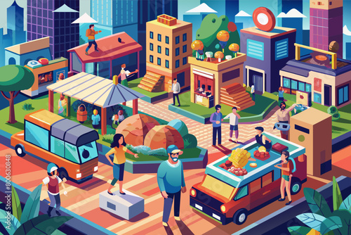 Virtual reality mockup of a bustling city market