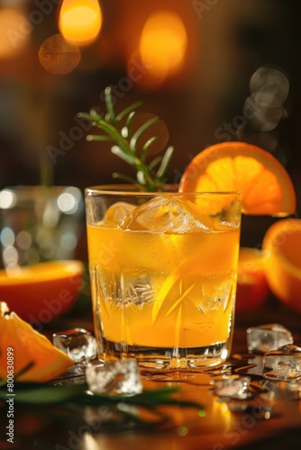 A glass of orange juice with ice and a sprig of rosemary. Perfect for summer drink concepts