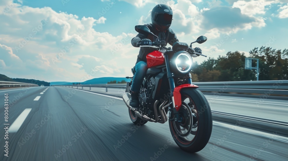 A man riding a red motorcycle on a highway. Suitable for travel and transportation concepts