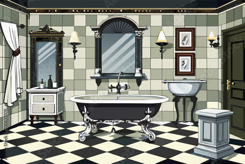 Vintage luxury bathroom with a pedestal sink, clawfoot tub, and classic black and white tiles