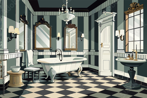 Vintage luxury bathroom with a pedestal sink, clawfoot tub, and classic black and white tiles