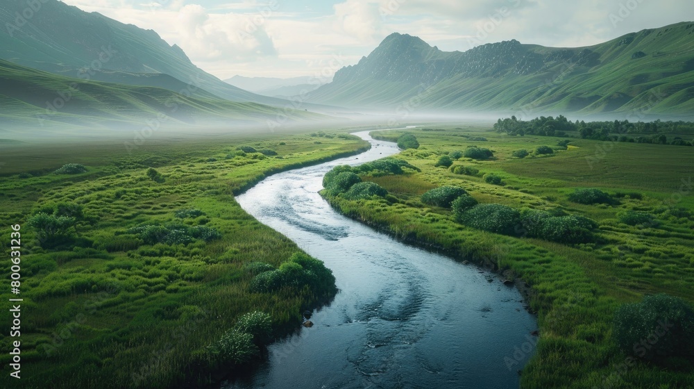 A tranquil river winding through a lush valley, symbolizing the flow of spiritual energy and renewal on Ascension Day. 8k, realistic, full ultra HD, high resolution, cinematic photography ar 16:9