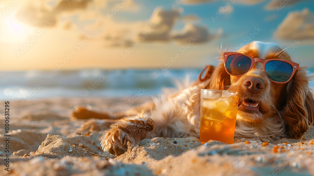 Welsh Springer Spaniel Dog Enjoying a Sunny Beach Day, Wearing Sunglasses and Laying on the Sand for Summer Vacations