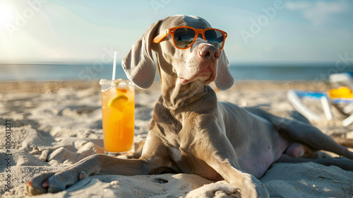 Weimaraner Dog Soaking up the Summer Sun, Laying on the Beach with Sunglasses During Vacation