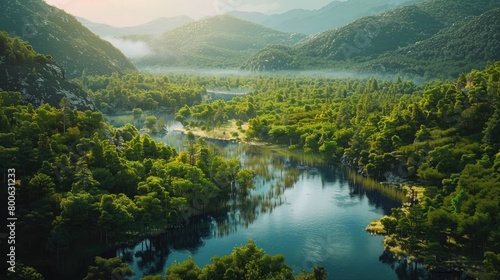 A tranquil river winding through a lush valley, symbolizing the flow of spiritual energy and renewal on Ascension Day. 8k, realistic, full ultra HD, high resolution, cinematic photography ar 16:9