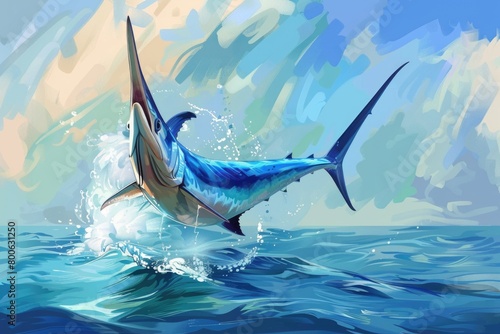 A painting of a blue marlin fish leaping out of the water. Suitable for fishing enthusiasts and marine-themed designs
