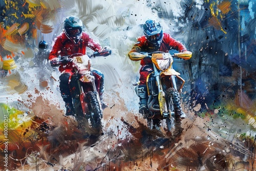 A painting of two individuals riding dirt bikes. Ideal for sports and adventure concepts photo
