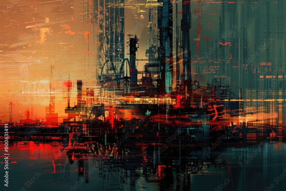 Fototapeta premium Detailed oil painting of a large oil refinery, perfect for industrial concepts