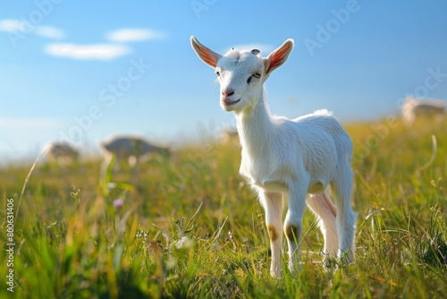 A goat standing in a field with grass