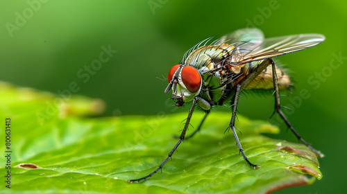 a close-up view of a fly perched on a vibrant green leaf. The intricate details of the fly are prominently displayed against a softly blurred natural background © DigitaArt.Creative