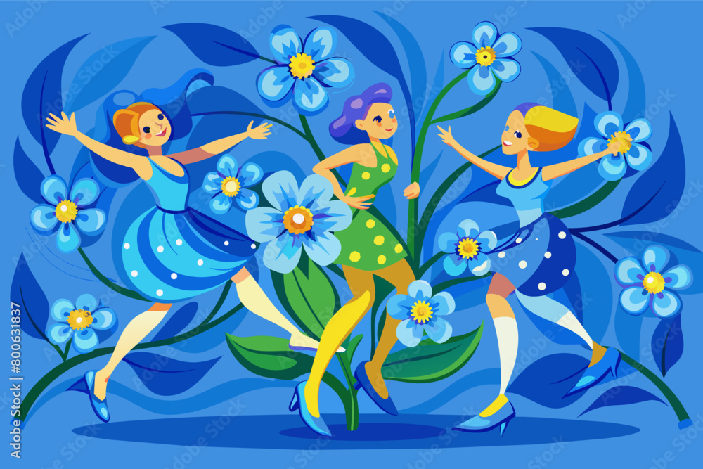 Vibrant blue forget-me-nots dance on the canvas, a tribute to everlasting love and remembrance