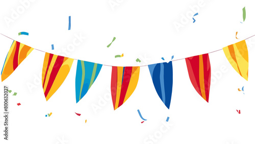 Colorful buntings with steamers and confetti isolated on a white background. Perfect for birthday, party, and celebration decor, vector illustration.