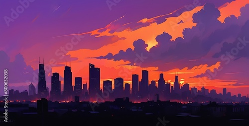 A dramatic and moody sunset in the city, with the skyline silhouetted against a fiery orange and purple sky and the lights of the buildings starting to twinkle on.