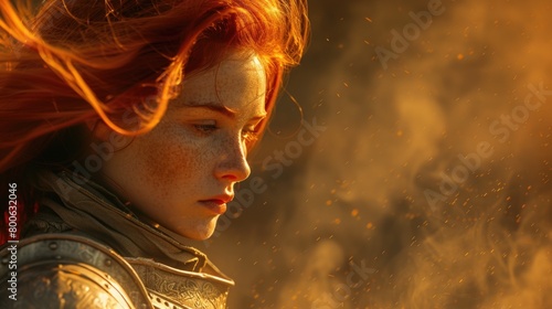 detailed view of a courageous red-haired woman warrior.