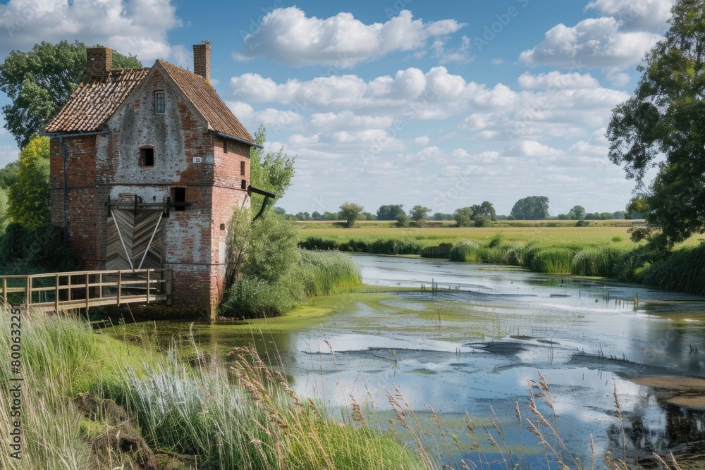 Obraz premium A small brick building next to a tranquil river. Perfect for real estate or travel concepts