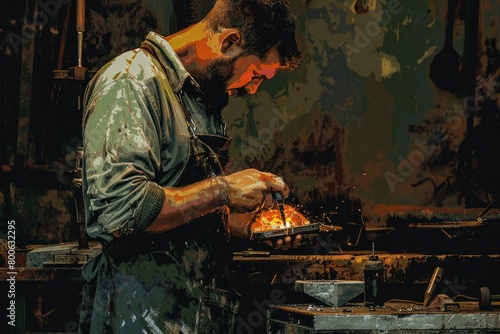 A man is seen working on a piece of metal. Ideal for industrial and manufacturing concepts