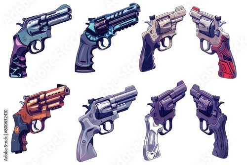 Collection of different types of guns on a plain white background, suitable for firearms industry promotions photo