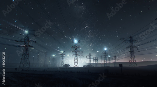 a captivating scene featuring electricity pylons set against a starry night sky