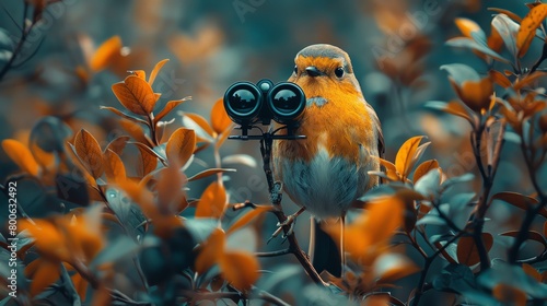 Bird watching in a serene forest, close-up on a pair of binoculars focusing on a rare species, nature's beauty photo