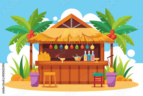 Tiki hut cocktail counter with thatched roof and tropical fruit punches