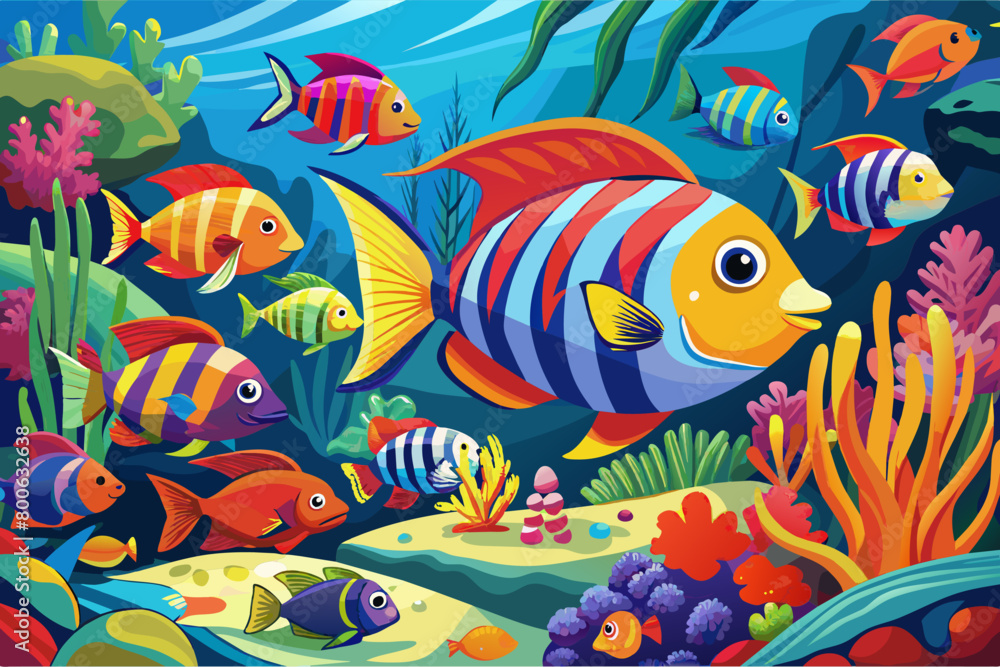The vibrant hues of a school of tropical fish swimming by The vibrant hues of a school of tropical fish swimming by