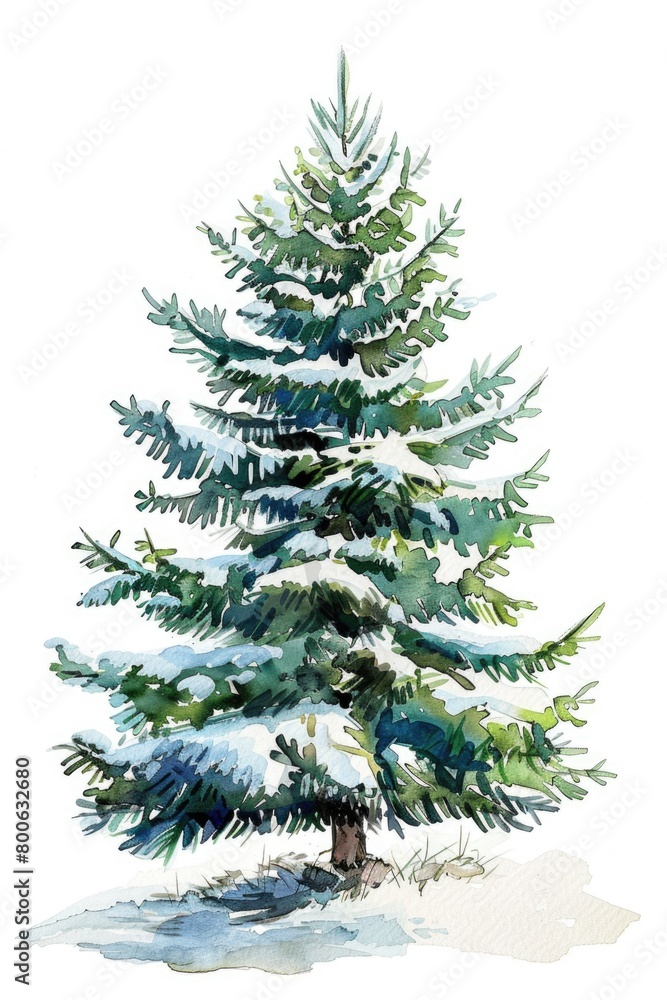 A serene watercolor painting of a lone pine tree covered in snow. Ideal for winter-themed designs A serene watercolor painting of a lone pine tree covered in snow. Ideal for winter-themed designs