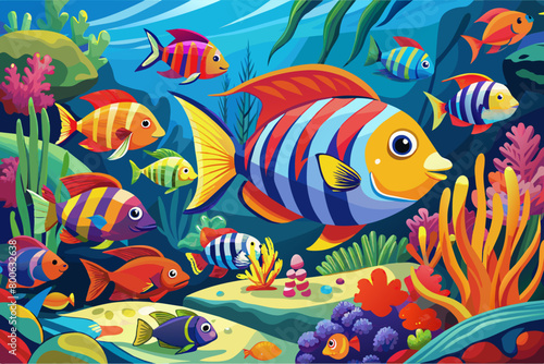 The vibrant hues of a school of tropical fish swimming by