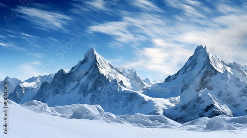 Winter mountains panorama with snow and clear blue sky (3d render)