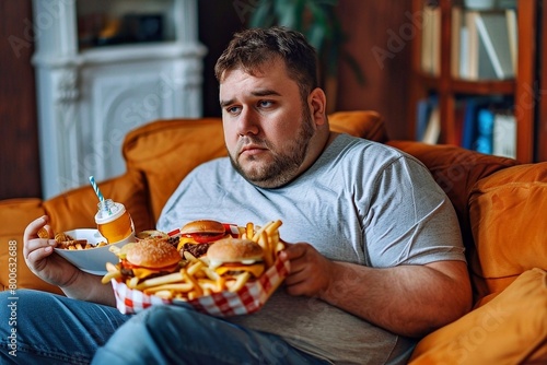 Fat man eating fast food at home. 