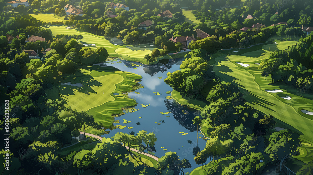 comic style aerial view of a golf course and luxury golf resort, golf, golfing, summer time comic style aerial view of a golf course and luxury golf resort, golf, golfing, summer time