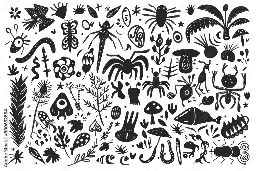 Detailed black and white drawing of various animals and plants. Perfect for educational materials or nature-themed designs Detailed black and white drawing of various animals and plants. Perfect for educational materials or nature-themed designs