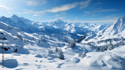 Beautiful winter panorama with snow covered mountains and blue sky. © I