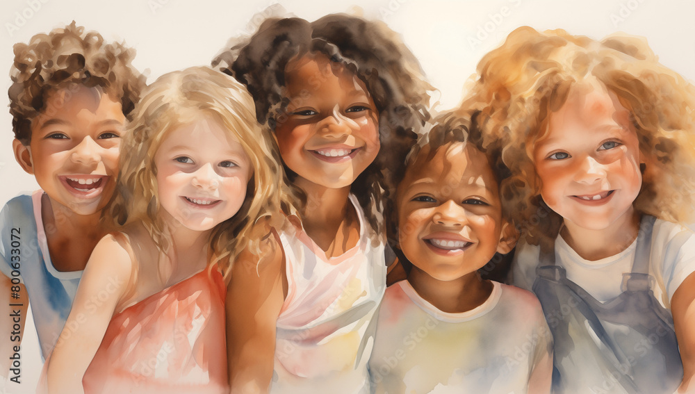 cheerful diverse children group in watercolor style, happy and smiling, happy children's  day, illustration