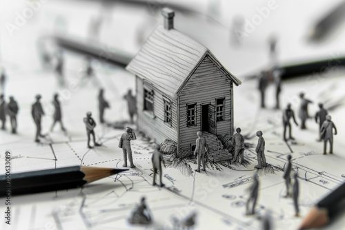 A group of people standing around a miniature house. Suitable for real estate or community concepts photo