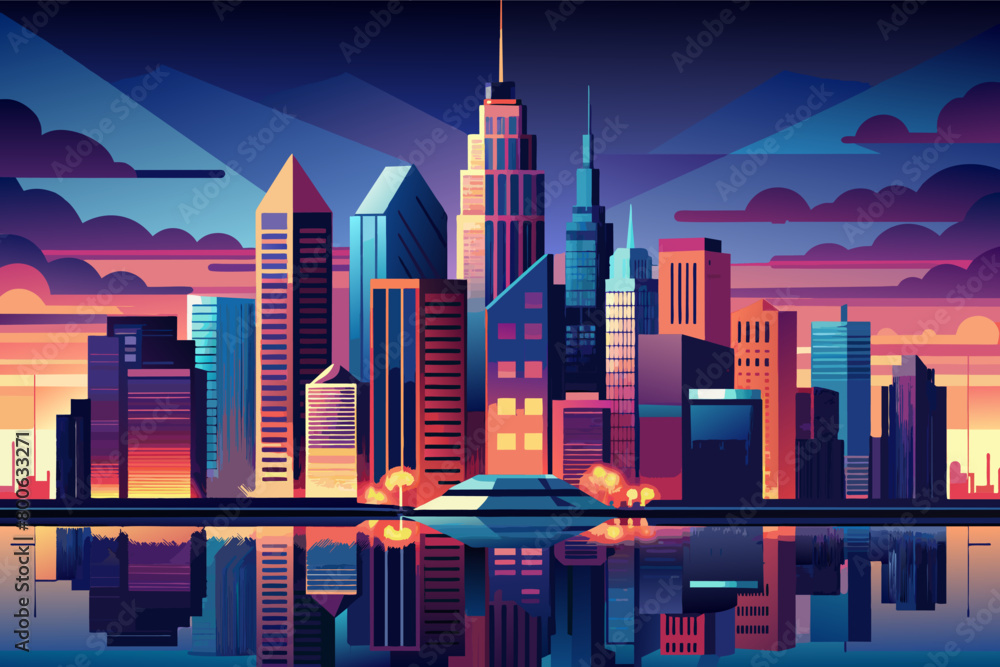 The majestic skyline of Chicago, with its iconic skyscrapers and illuminated landmarks reflected in the waters of Lake Michigan