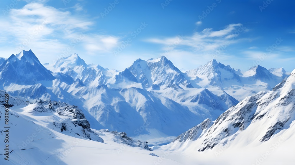 Panoramic view of snow-capped mountains and blue sky