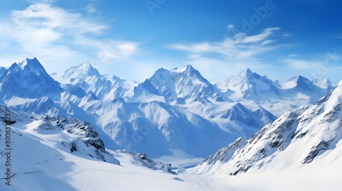 Panoramic view of snow-capped mountains and blue sky