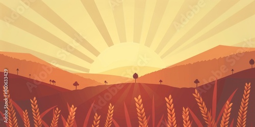 wheat fields with sun rays in the background, creating an abstract and colorful design for use as artwork or poster background Generative AI