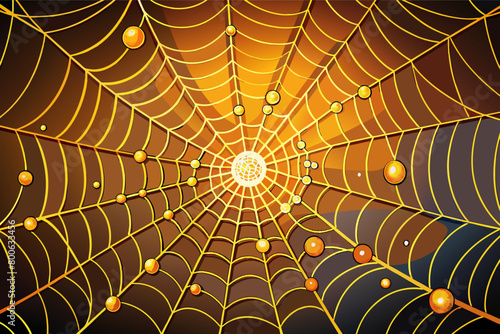 The intricate web spun by a golden orb-weaver spider, glistening with dewdrops in the morning light